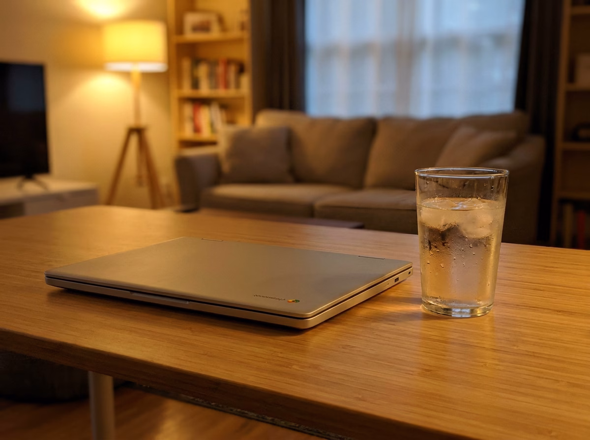 Schreibtisch mit Chromebook nach dem Feierabend